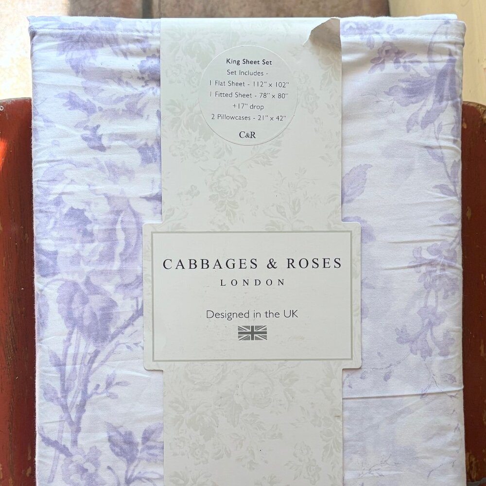 Cabbages & Roses KING Size Sheet Set Alderney-Lilac Crisp Cotton Percale